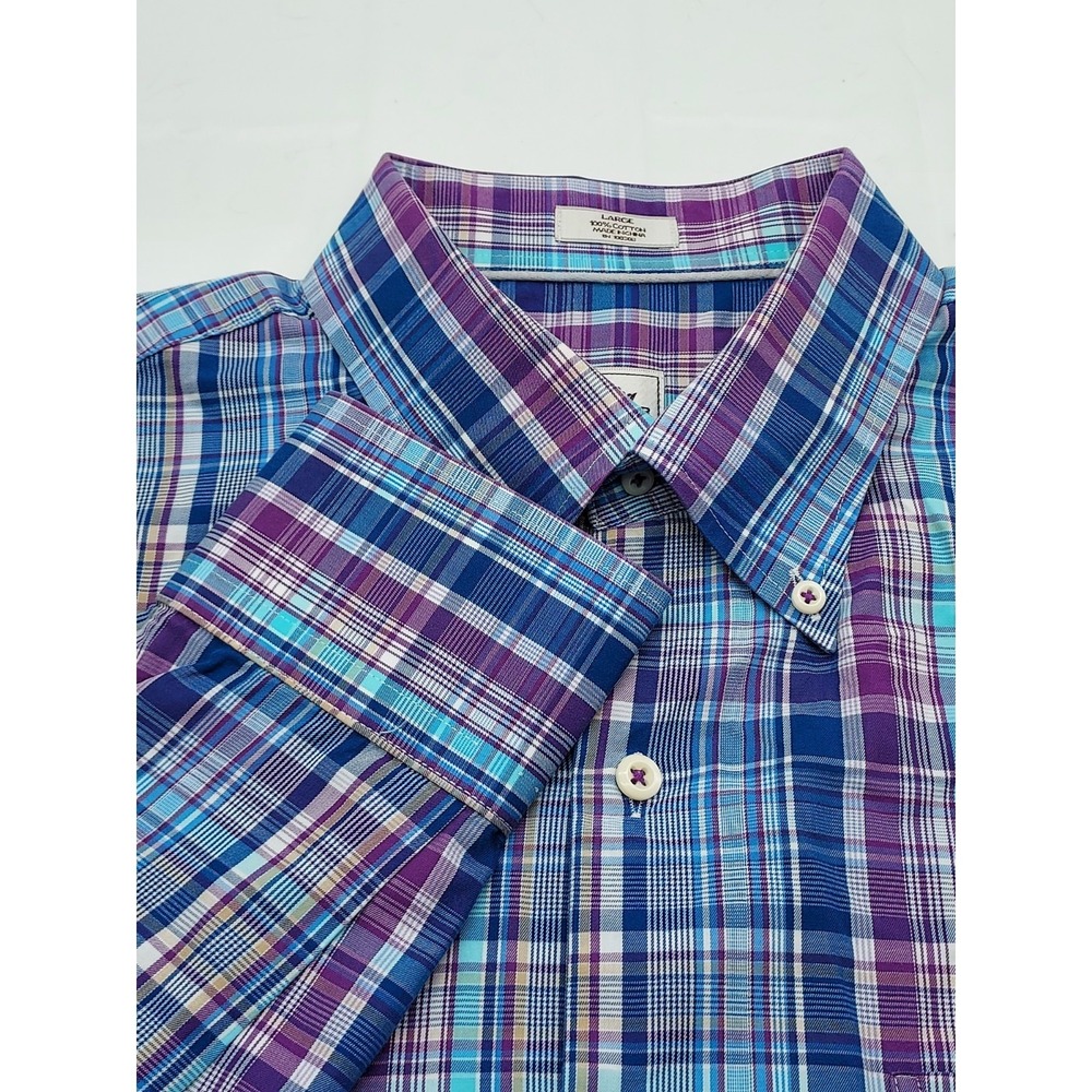 Peter Millar Mens Large Purple Blue Plaid Cotton Long Sleeve Button Down Shirt